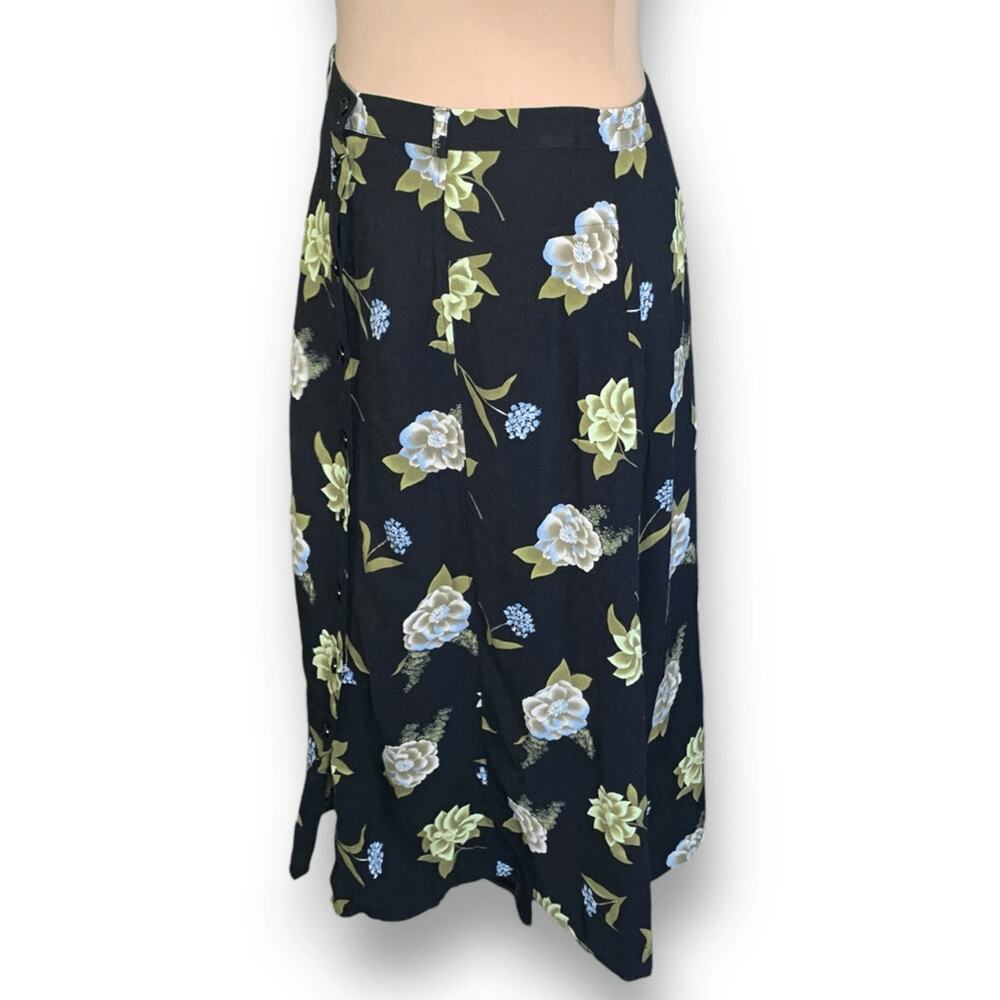 Vintage Black Floral Button Front Romantic Grunge Flowing Midi Skirt Cottage - Picture 2 of 9